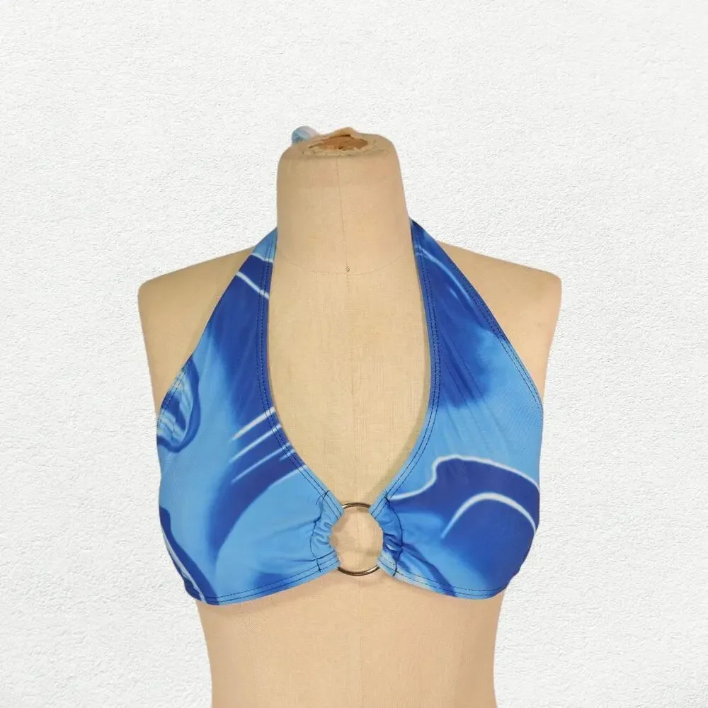 Y2K Marble Swirl Print Halter Festival Bikini Crop Top Blue with Silver O-Ring